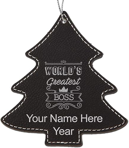 LaserGram - Adorno de Navidad de piel sintética, grabado personalizado (negro con plata, árbol)