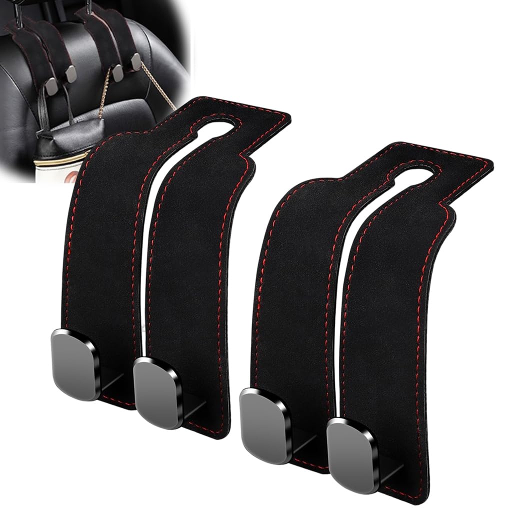 Goodern Car Seat Headrest Hook,2 Pcs 2-in-1 Artificial Leather Universal Hidden Car Back Seat Storage Hanger,Multi-Functional Double Car Seat Back Organizer Accessories for Handbags, Purses,Coat-Black