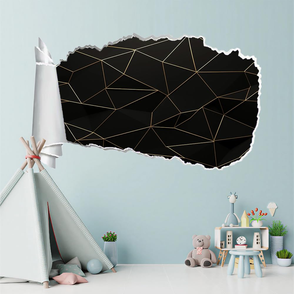 3D Durchbruch Wandtattoo Mädchen Kinderzimmer Geometrie Wandaufkleber Dekorative Schwarz Und Gold Wandsticker für Junge Teenager Zimmer Wohnzimmer Schlafzimmer Wandbilder Deko