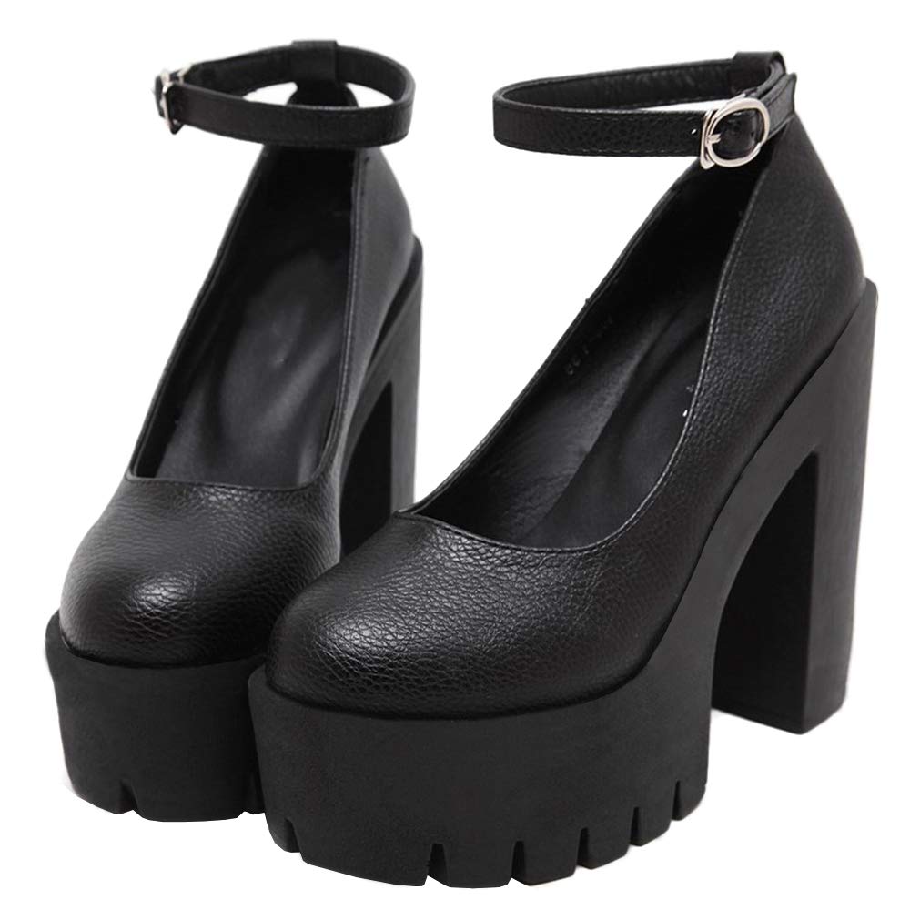 KOKOMOMO Womens Round Toe Platform Ankle Strap Pumps Chunky High Heels Goth Shoes - 8 Black