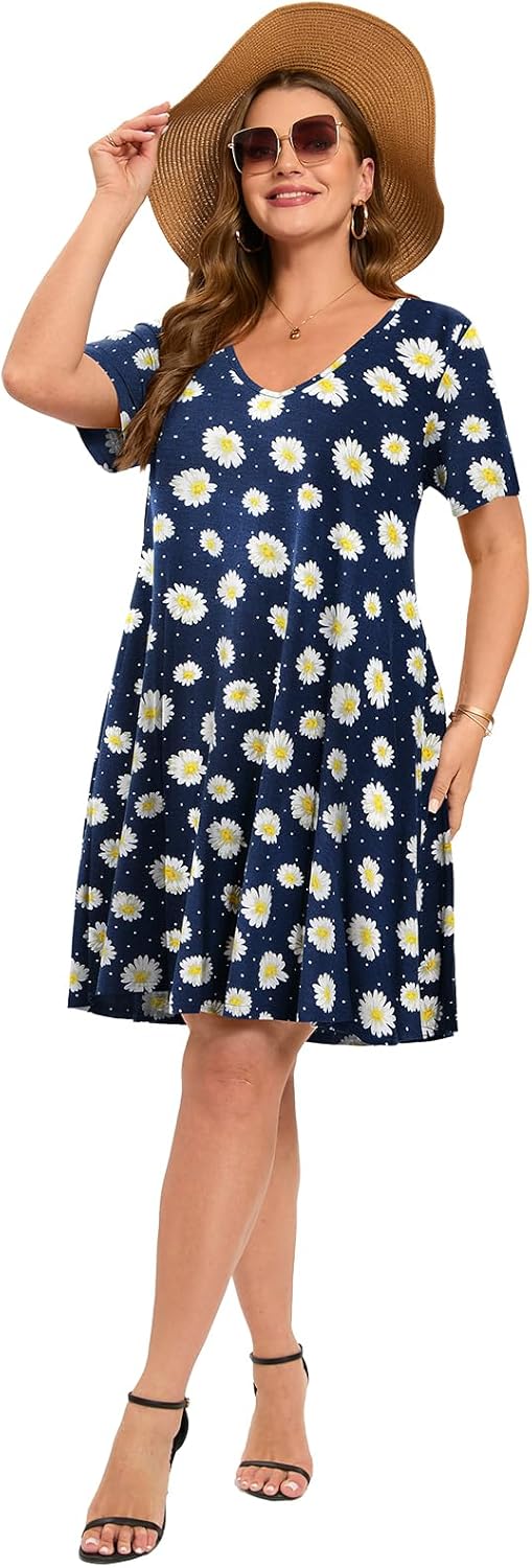 ZENNILO Women's Plus Size Swing Dress with Pockets Casual Summer Dresses V Neck Short Sleeve T Shirt Dress for Women - Image 6
