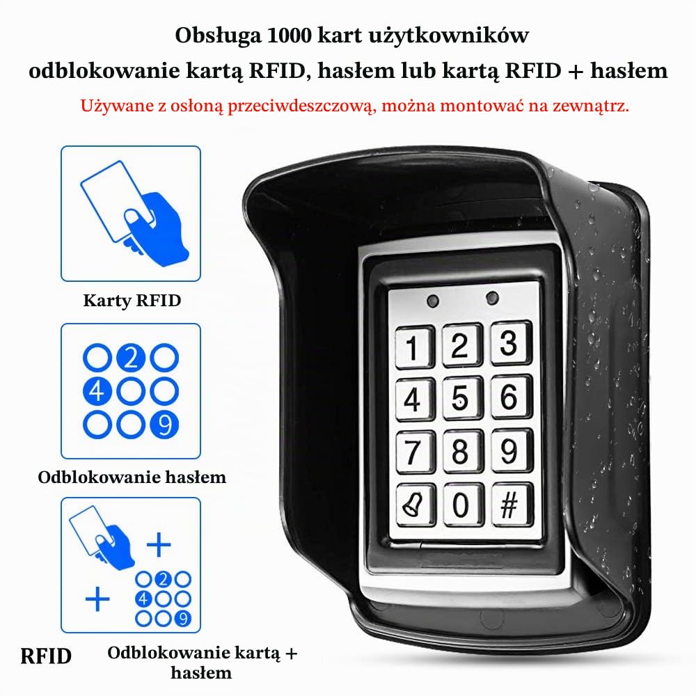 FST zestaw "zrób to sam" do wodoszczelnego systemu kontroli dostępu do użytku na zewnątrz, klawiatura RFID, zasilacz DC 12 V, przycisk wyjściowy do drzwi, 15 kart na klucze (bez zamka)