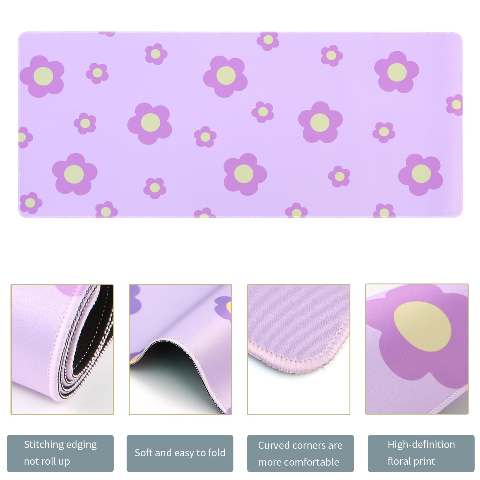 Tappetino per mouse 3 in 1 con motivo floreale e poggiapolsi per tastiera, grande tappetino per mouse da gioco per scrivania, imbottitura ergonomica in memory foam, sollievo dal dolore (viola)