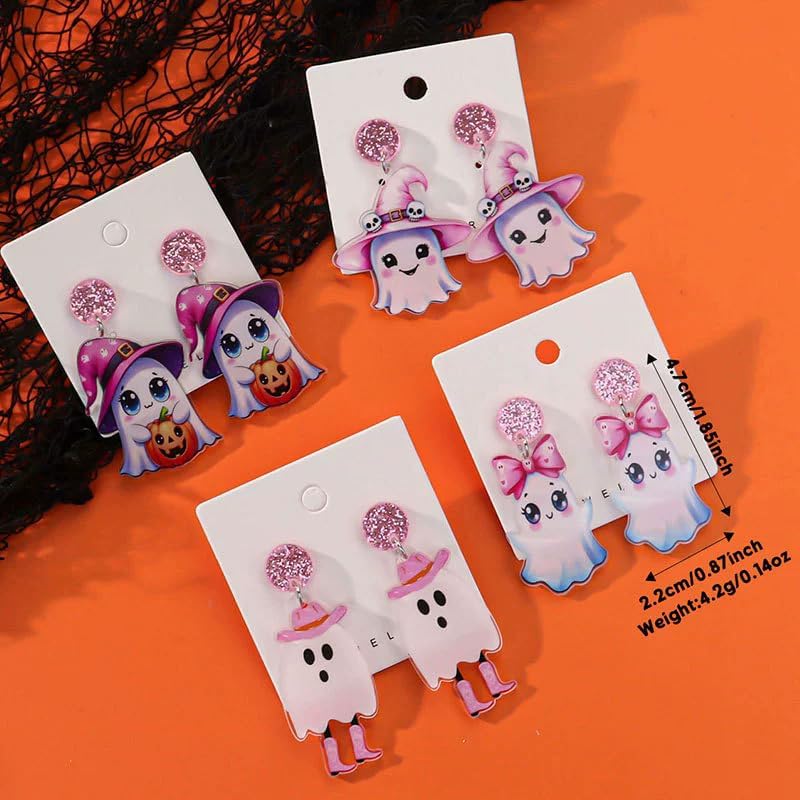 Halloween Cartoon Cute Ghost Dangle Earrings for Women Pink Glitter Acrylic Pumpkin Halloween Festive Costumes Holiday Party Jewelry Gifts - Image 4