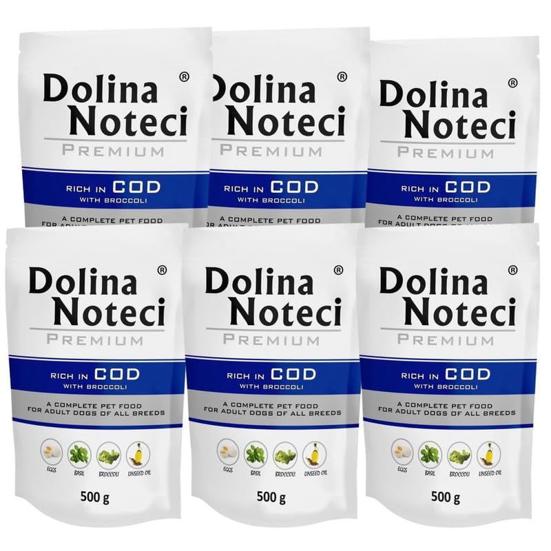 Dolina Noteci PREMIUM Wet Dog Food Variety Pack, Complete & Balanced Gluten-Free Meat-Rich Recipes, Omega-3 EPA & DHA, Digestive, Skin & Coat Support, No Artificial Colours Cod & Broccoli, 6x500g