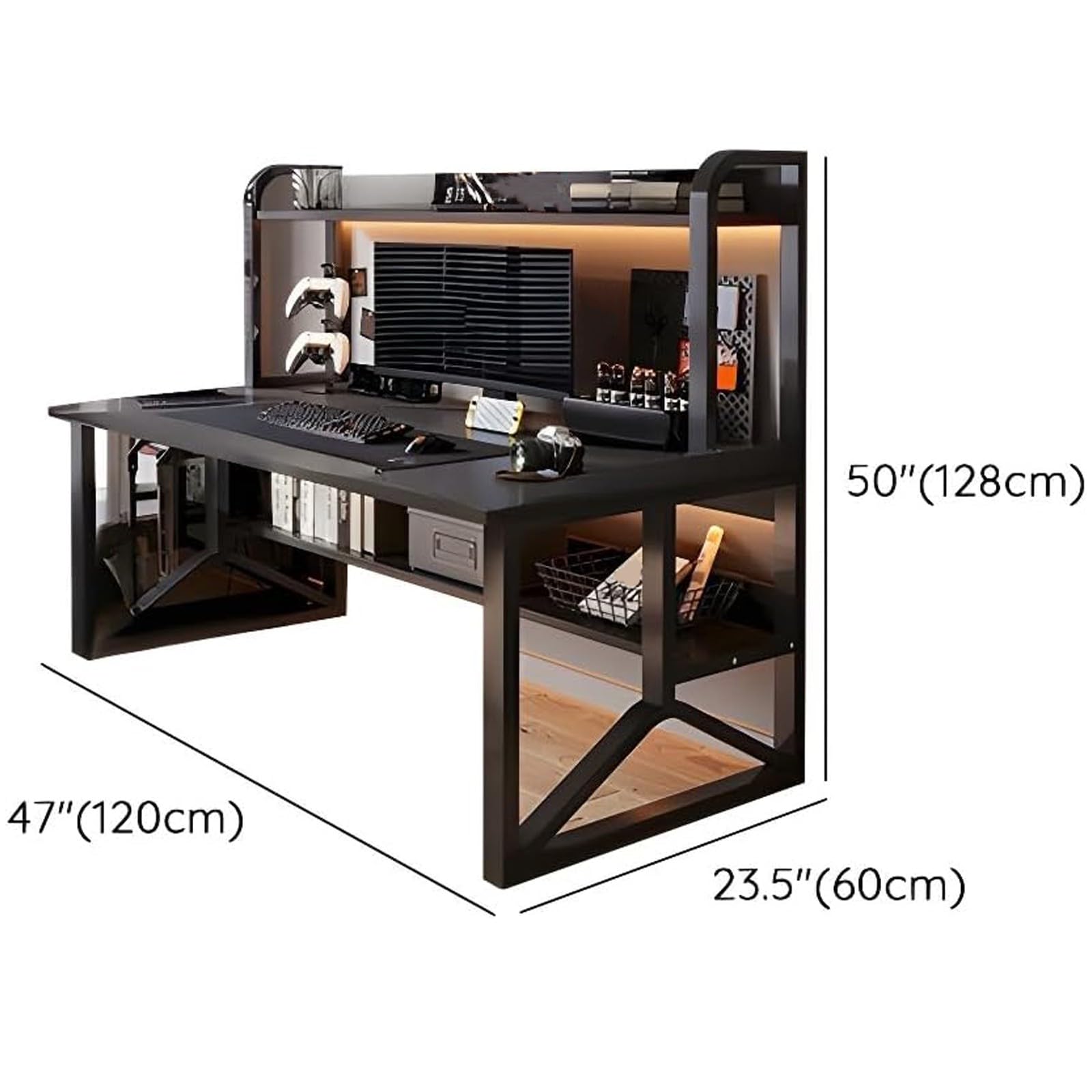 Moderno escritorio de madera para juegos y escritorio de oficina con estantería, elegante escritorio para oficina en casa, 120 cm, diseño funcional y ergonómico, perfecto para trabajar y jugar