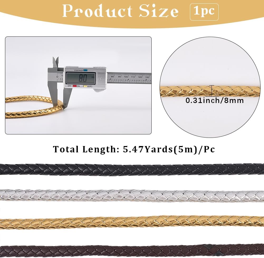 GORGECRAFT 5.5 Yard PU Leather Cord 8mm Metallic Round Braided Bolo Leather Cord Gold Leatherette Strip Braiding Antique Strap for DIY Crafts Bracelet Choker Necklace Anklets Keychain Jewelry Making