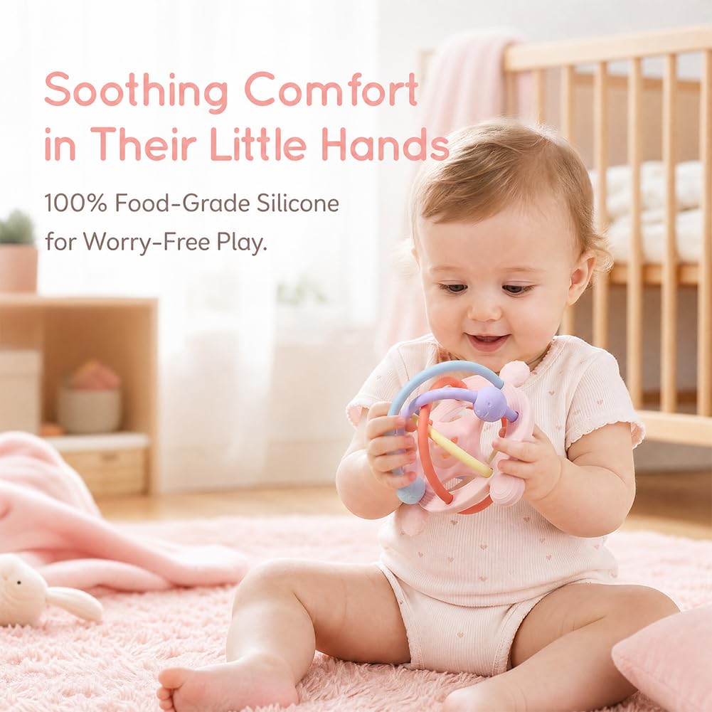 Juguete Mordedor Pelota Bebé, Juguetes Sensoriales para La Dentición Juguete de Denticion Sonajero para Bebe Juguetes Educativo Temprano Montessori para Bebés de 3 a 18 Meses(Rosa)