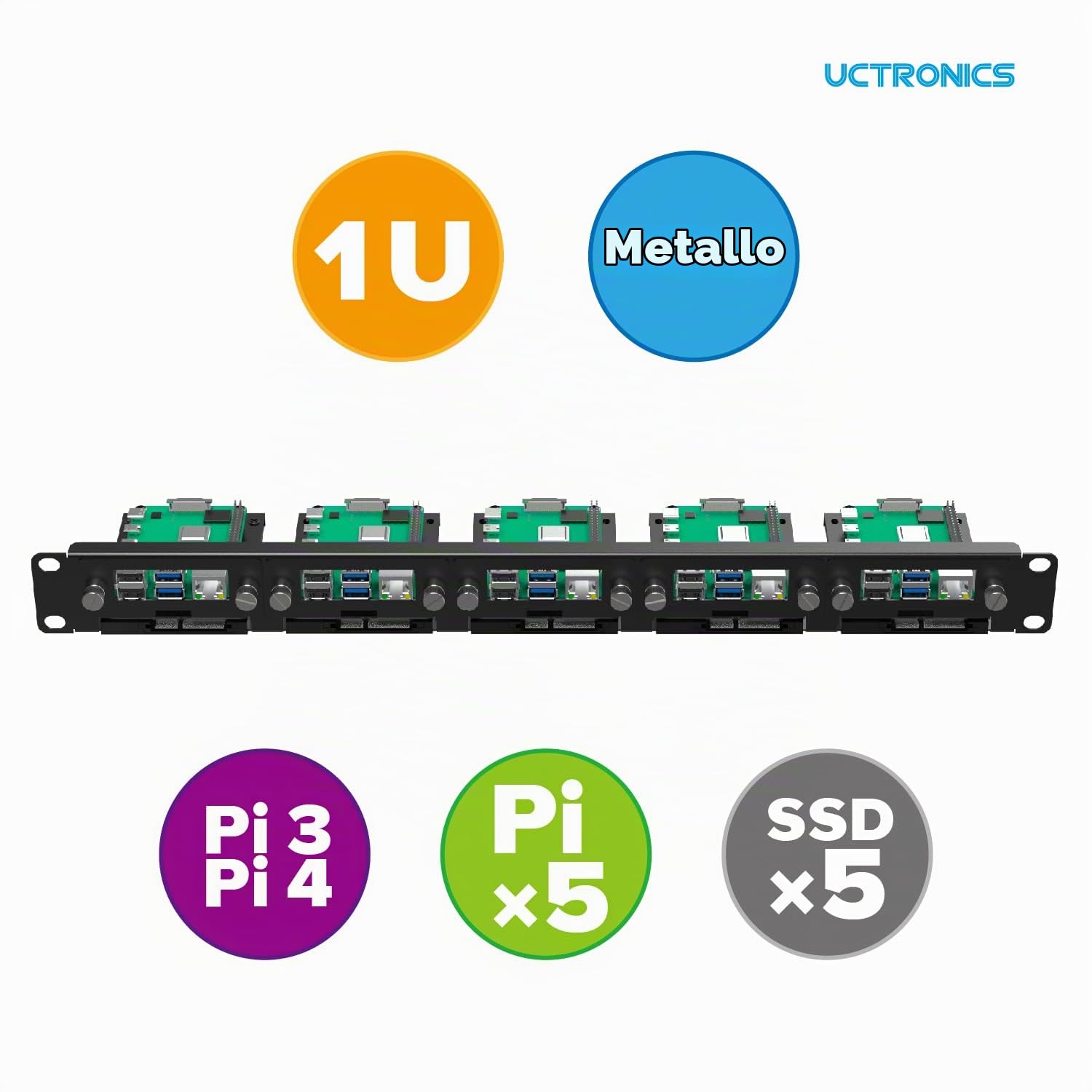 UCTRONICS U6264 19" 1U Raspberry Pi Rackmount, staffa SSD per qualsiasi SSD da 2,5", può contenere fino a 5 schede Raspberry Pi 4B, frontale rimovibile con viti prigioniere