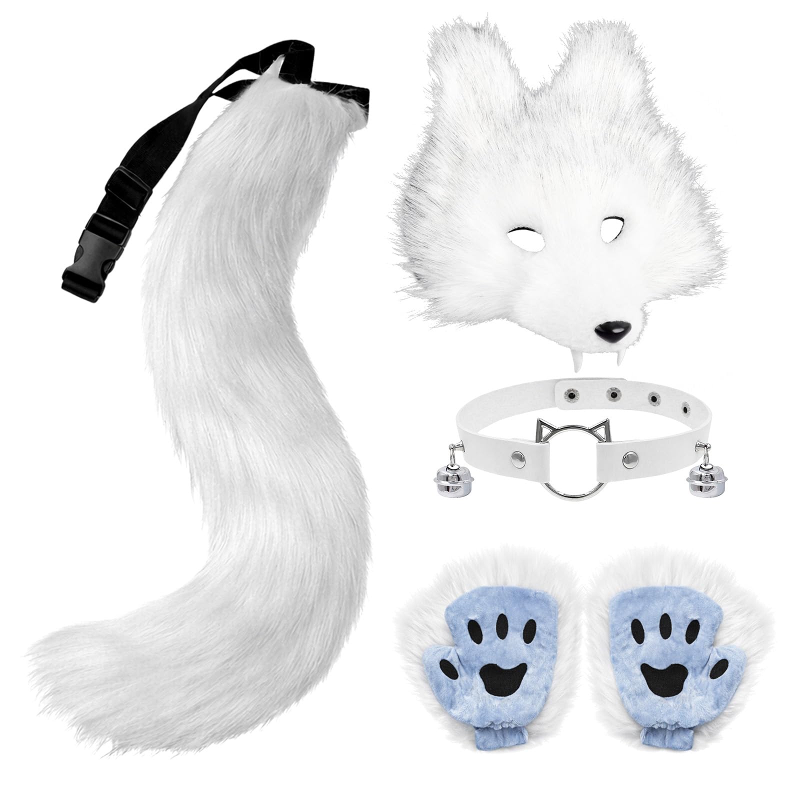 YAEGIMHT Wolf Costume Set, Animal Face Cover Ears Tail and Gloves, Cosplay Animal Outfit for Halloween, Carnival, Christmas, Masquerade, and Stage Performances