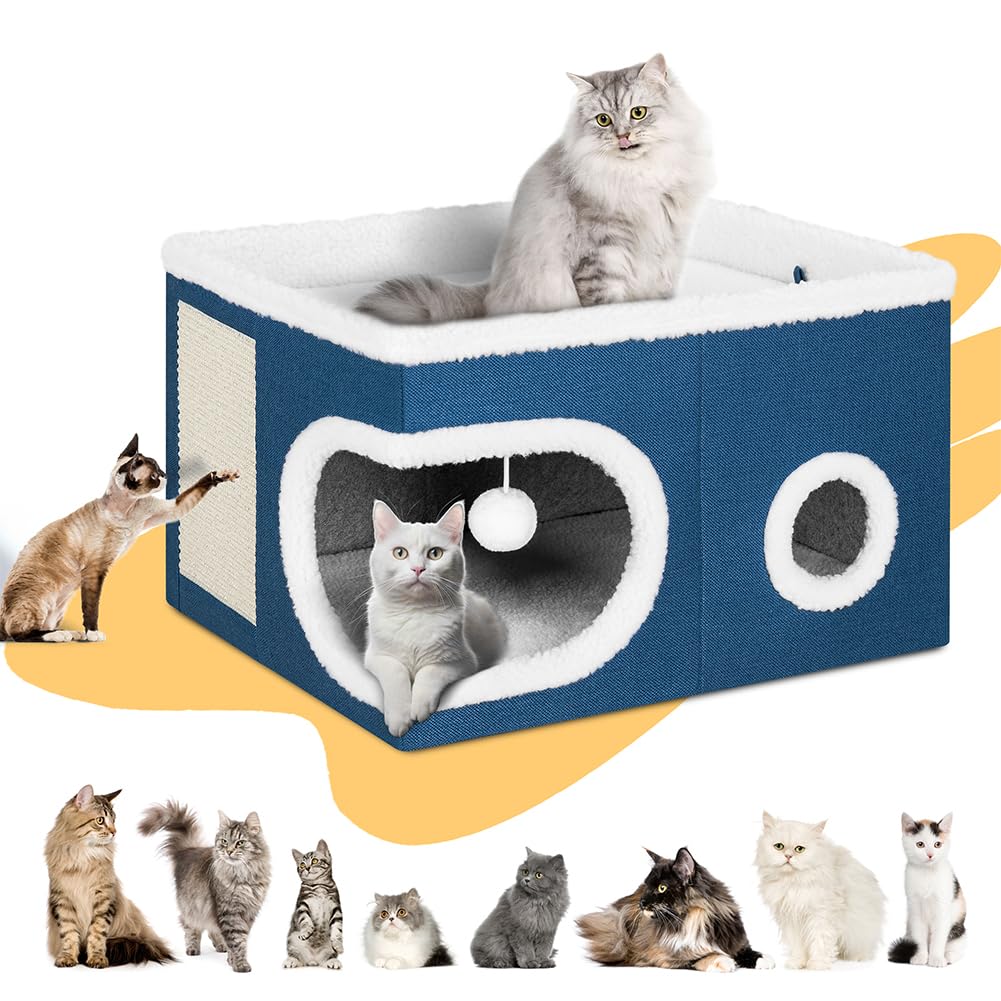 BAKAJI Cuccia per Gatti con Ingresso Tondo e Bordo in Lana, Casetta Rifugio per Animali Domestici, Tiragraffi in Poliestere Caldo e Imbottito, Cuccetta Graffiatoio Base Antiscivolo 58x42x33cm (Blu)