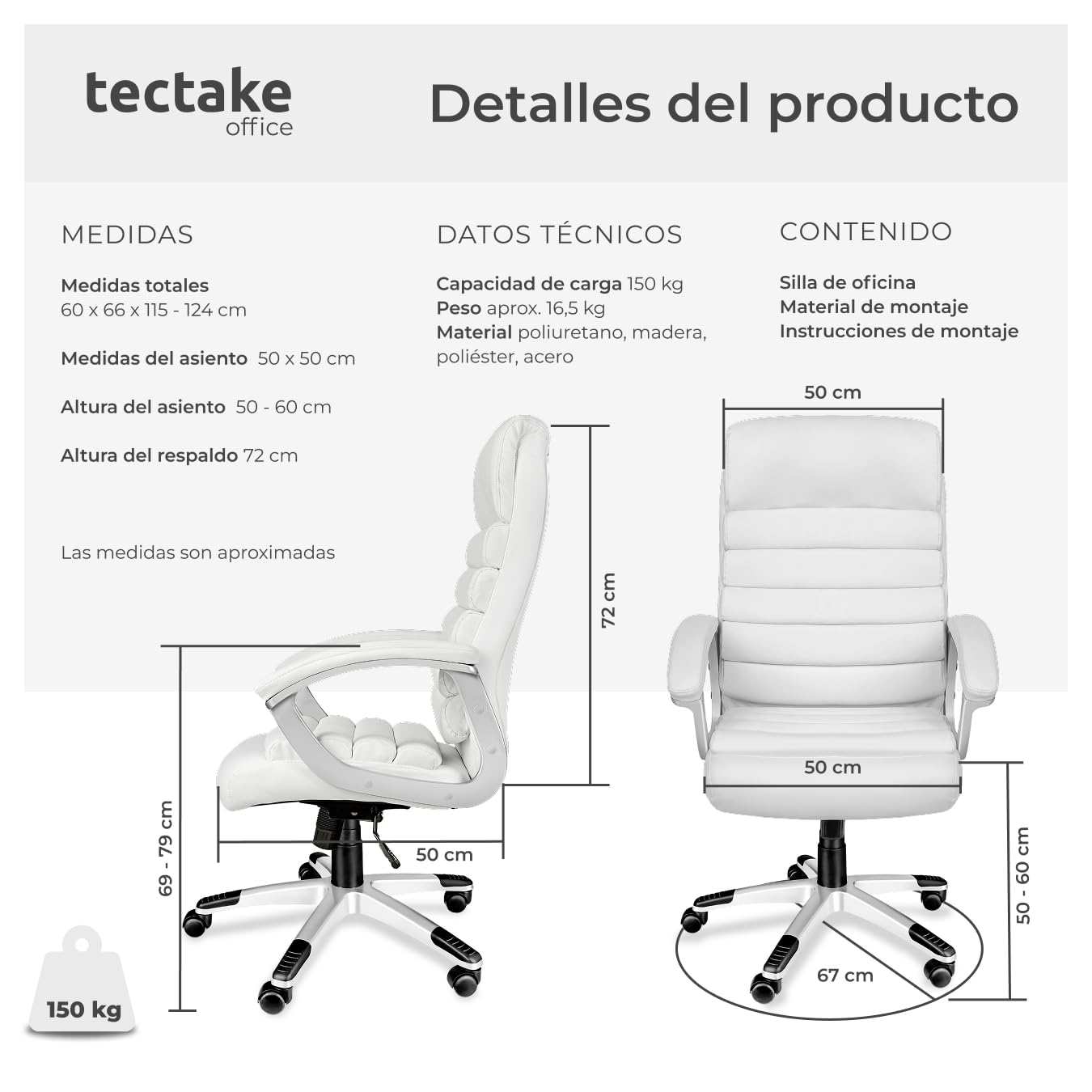 tectake®, Silla Oficina Ergonómica, Sillón Escritorio Ajustable, Silla Giratoria con Base de Ruedas, Altura Regulable, Acolchado Extra Grueso, Ergonómico, Basculante, 360° Rotación - Blanco