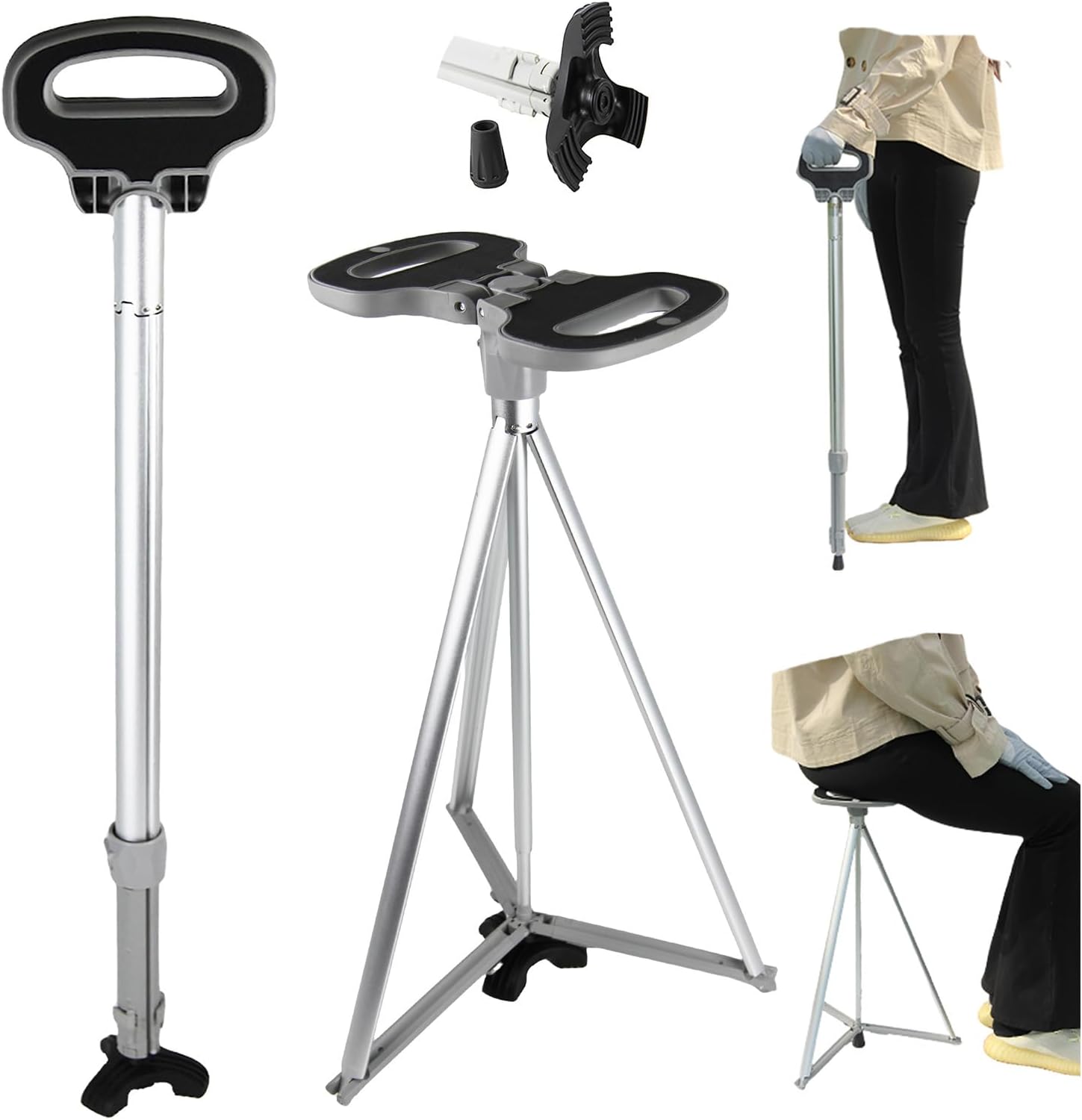 Walking Cane with Seat for Men & Women, Portable Cane Seat with Carry Bag, Lightweight Anti-Slip Walking Stick for Seniors & Adults, Foldable Cane Chair for Travel Hiking