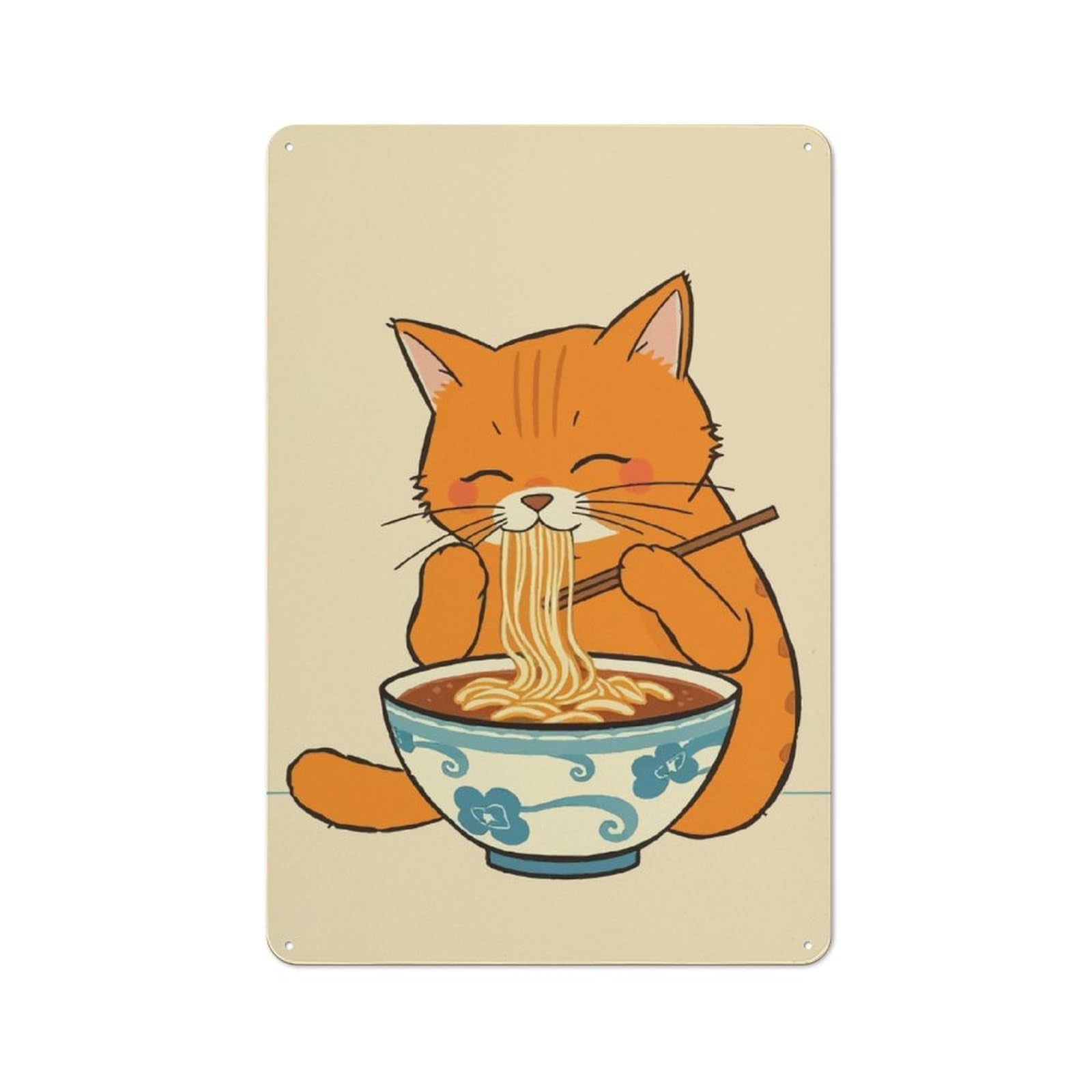 Junmoney Cat Eating Ramen Vintage Tin Sign 30X20cm With For Living Room Or Hallway, For Living Room Decor Lovers