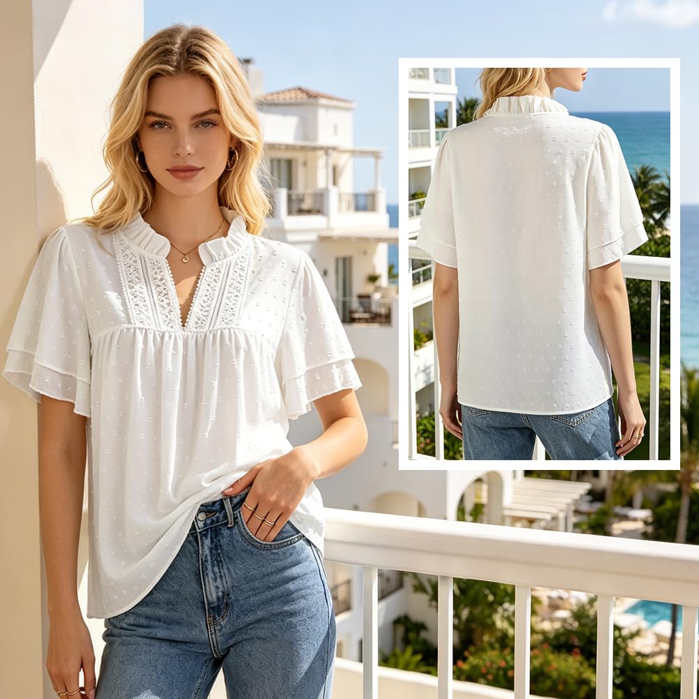 Boho zwiewne bluzki damskie z długim rękawem dekolt w serek elegancka koronkowa bluzka z falbankami do noszenia na co dzień przez cały sezon, damskie bluzki do legginsów koszulki na co dzień