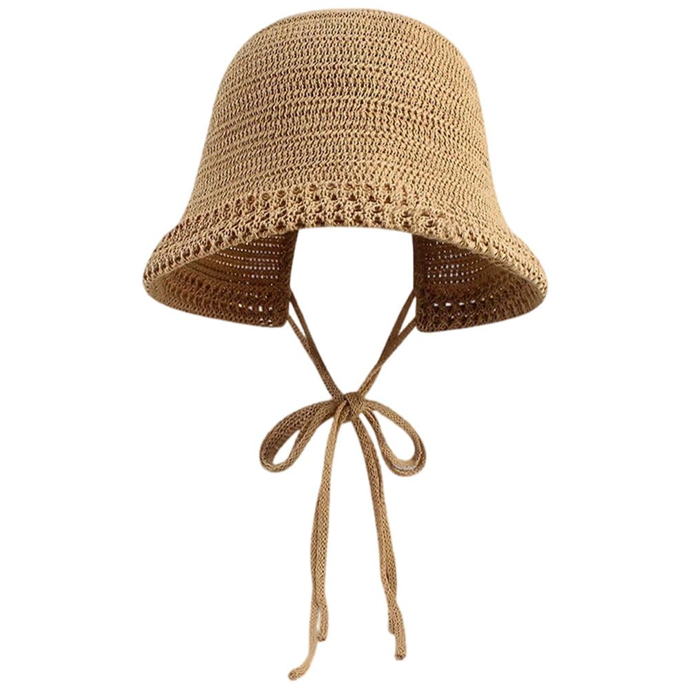 Sslvya Women Straw Sun Hat, Summer Foldable Wide Brim Fisherman Hat, Adjustable Breathable Beach Hat with Chin Strap