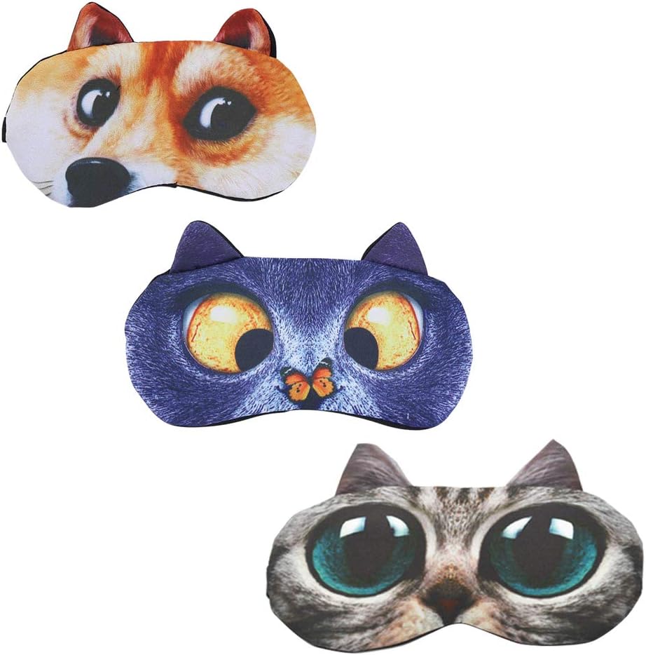 HYCLES Sleep Mask for Kids Sleeping Eye Cover Cute Cartoon Animal Funny 3 Pcs Blindfold Eyeshade for Men Women Plane Travel Game Nap Night Sleeping