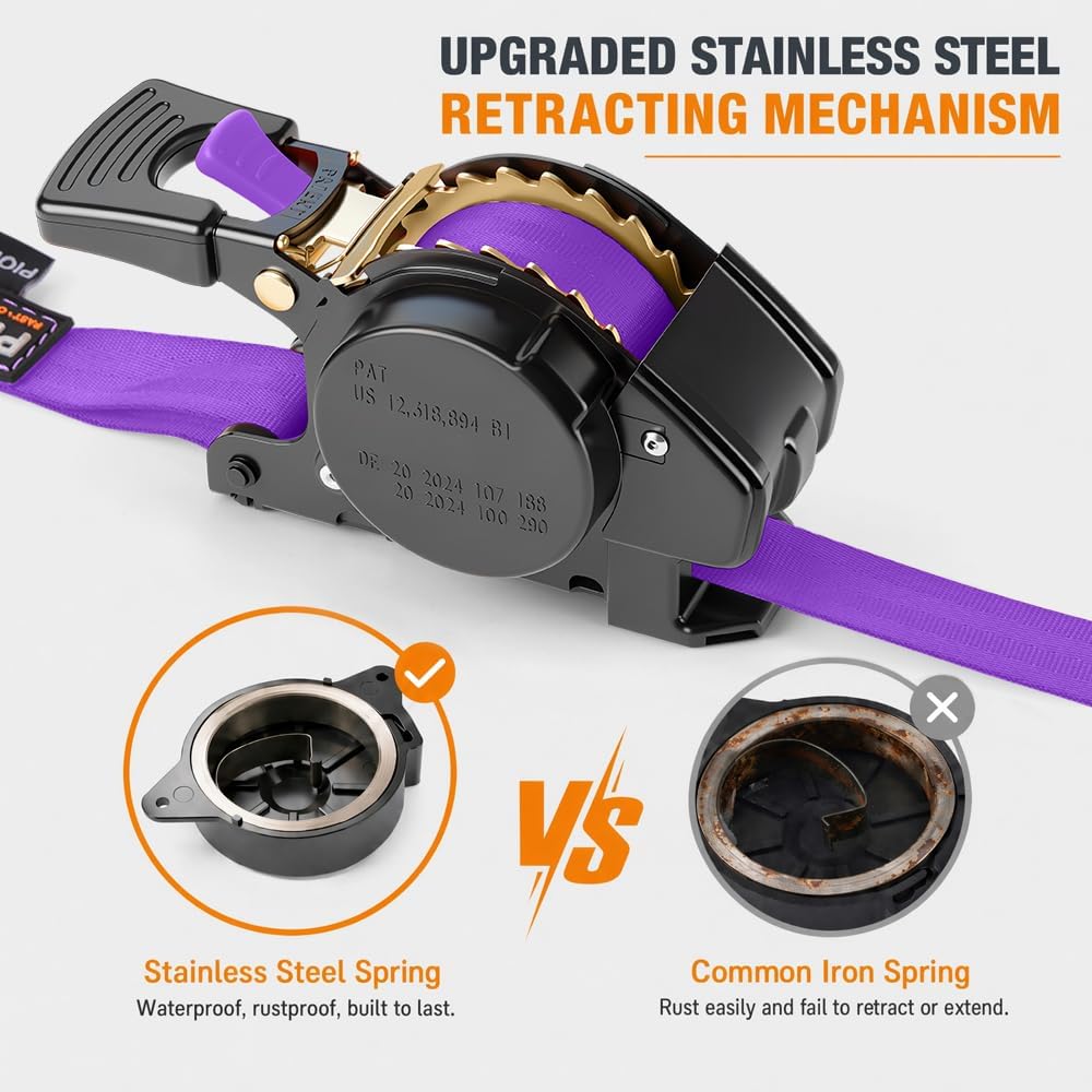 Retractable Ratchet Straps (4-Pack) - 1 Inch x 15 Feet (1,764lb Break Strength) - Heavy Duty Auto Self Retracting Tie Down Straps for Truck, Cargo Trailer, Motorcycle, ATV, UTV – Purple