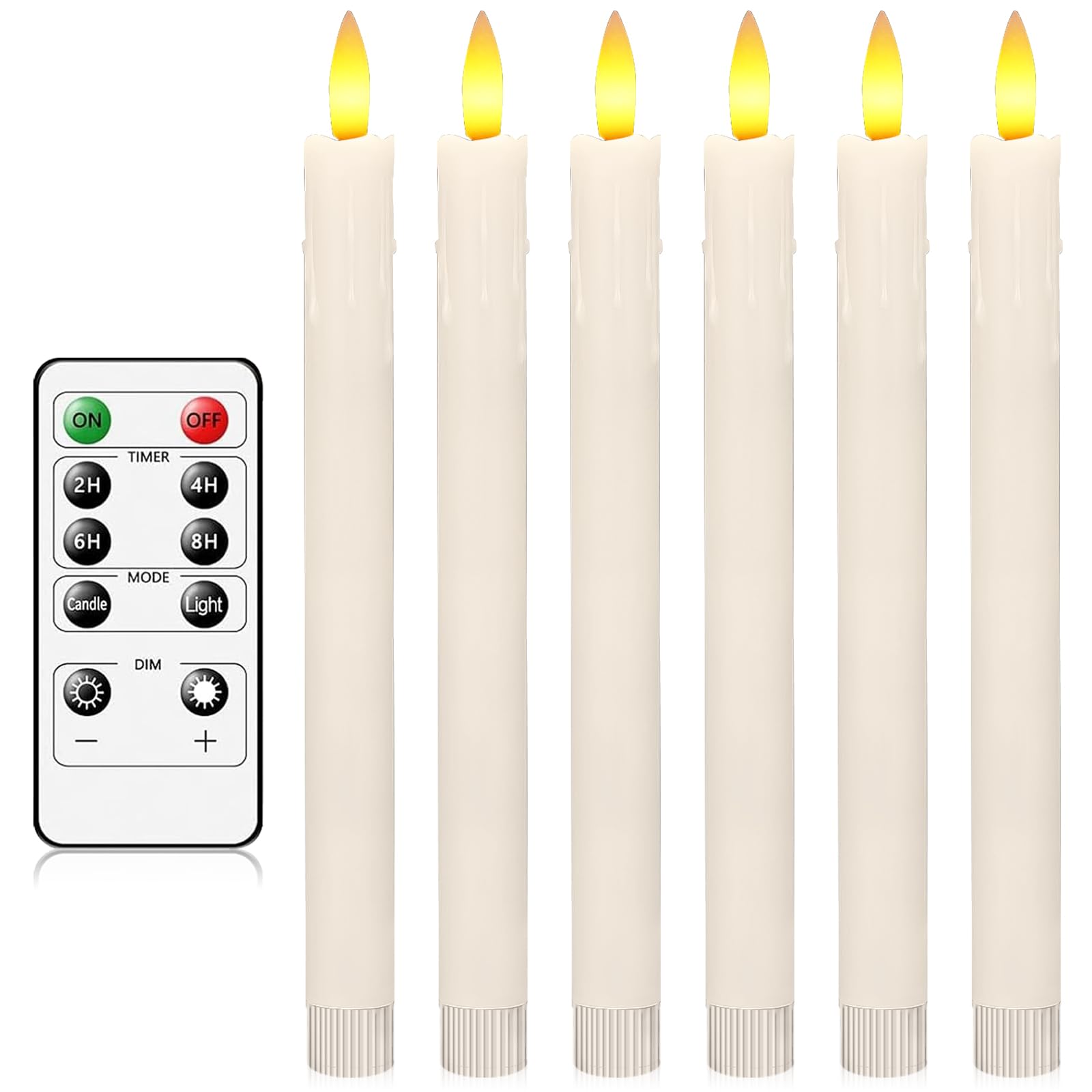 AnnSpa LED Kerzen mit Fernbedienung Batteriebetriebene, 6 Stück Mit Langem Stab Dochtlose Stumpenkerzen Heimdekoration Lange Konisch Kerzenhalter, LED Stabkerzen mit Timerfunktion - Weiß