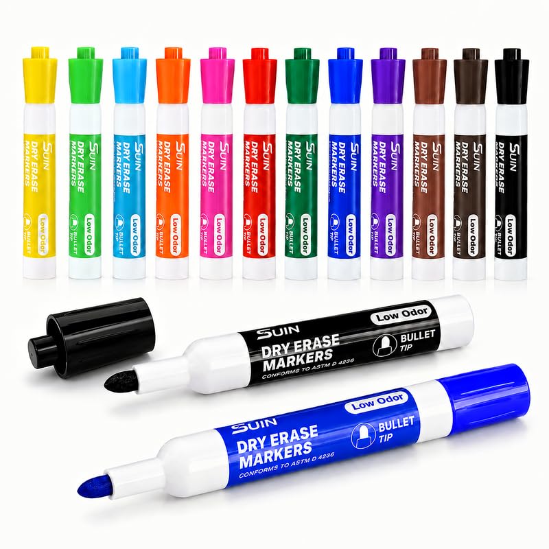 SUIN Whiteboard-Marker-Set 12 Stifte in leuchtenden gemischten Farben Mittlere Rundspitze 2 7 mm Whiteboard-Stifte abwischbar / nicht permanent Dry-Erase-Marker für Büro Schule und Zuhause