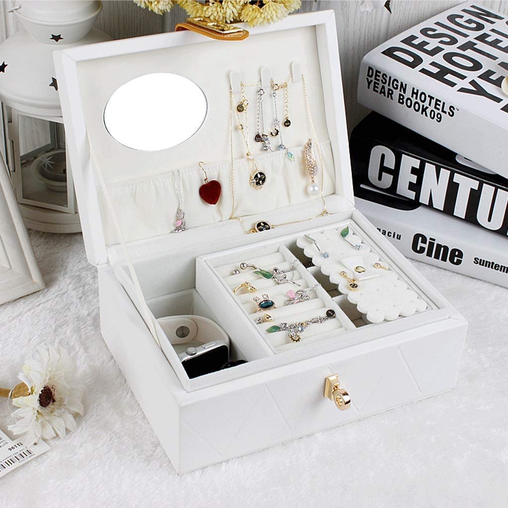 Schmuckschatulle mit Fächern – 2 Ebenen – Schnalle und Verschluss – großer Spiegel – Lederdesign – Schmuck-Organizer für Frauen und Mädchen – Halter für Ohrringe, Ringe, Halsketten und Armbänder