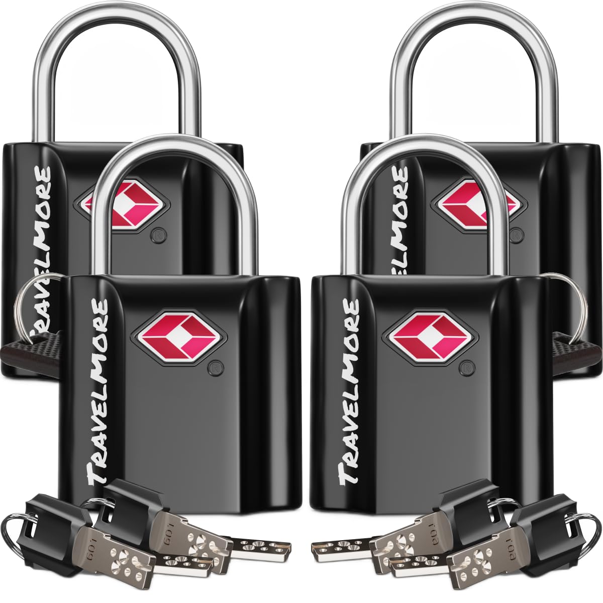 Travelmore Black Suitcase Padlocks With Keys – Tsa Approved – Travel Locks For Luggage – 4-Pack,