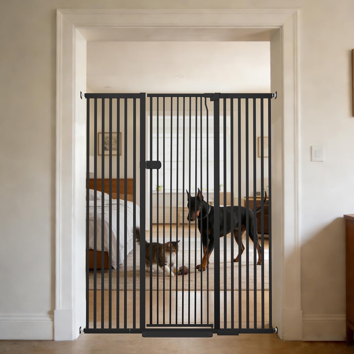Photo 1 of Lumizone Extra Tall Cat Gate 61.02" High Pressure Mounted 29.92"-59.44" Extra Wide 1.37" Gap No Drilling Auto-Close One-Handed Operation Tall Pet Gate for Dogs(Black, 61.02" H x 29.92"-59.44" W)