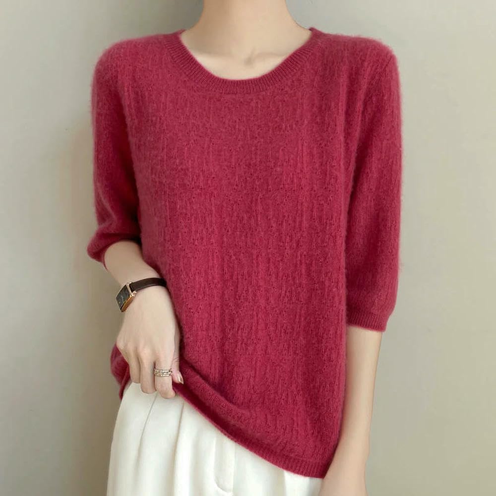 Magliette Primaverili da Donna, Maniche Corte lavorate a Maglia, Traforate, Top Estivi per Il Tempo Libero, Pullover con Scollo a V, Tinta Unita