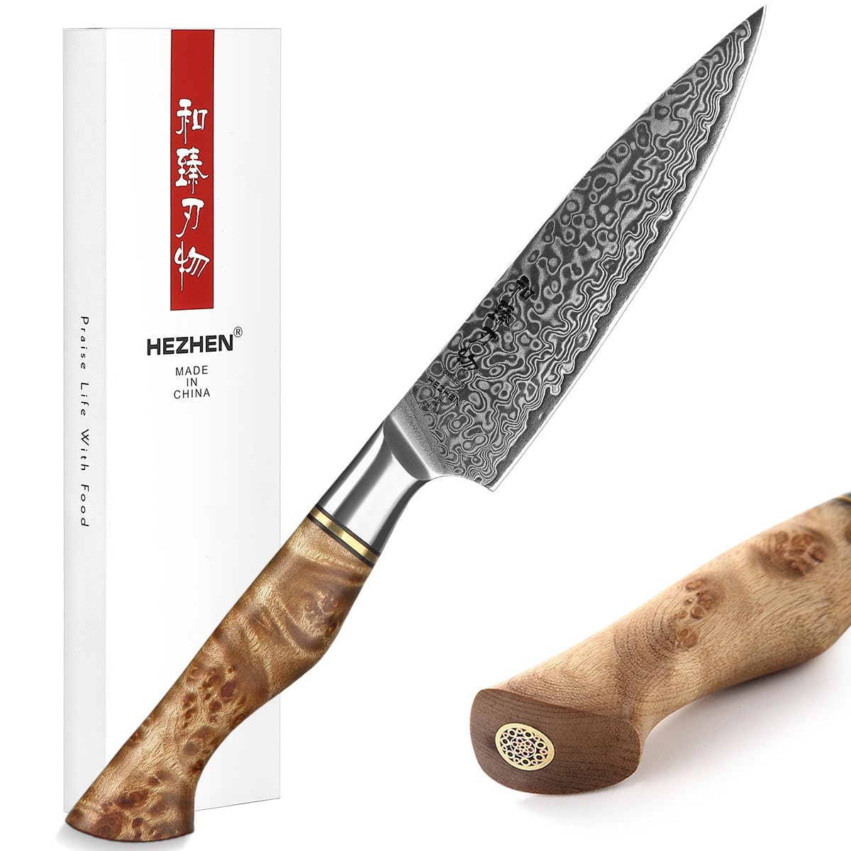 HEZHEN Couteau Universel, Acier Damas Couteaux D'office, Multifonctionnel Couteau à Fruits, Figured Sycamore Wood Handle