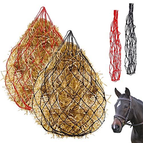 Glarks 2Pcs 36 Length with 5 x 5 Holes Nylon Ultra Slow Feed Hay Net Black and Red Large Capacity Heavy Duty Poly Horse Hay Net Equine Feeding Bag for Trailer and Stall Simulates Grazing
