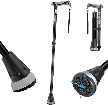 YNR Walking Cane for Women & Men - Foldable Walking Stick & Adjustable to Five Levels, Lightweight, Absorbing Base, Ergo Grip, Portable Travel Cane with Pivot Tip for Seniors & Adults | Black