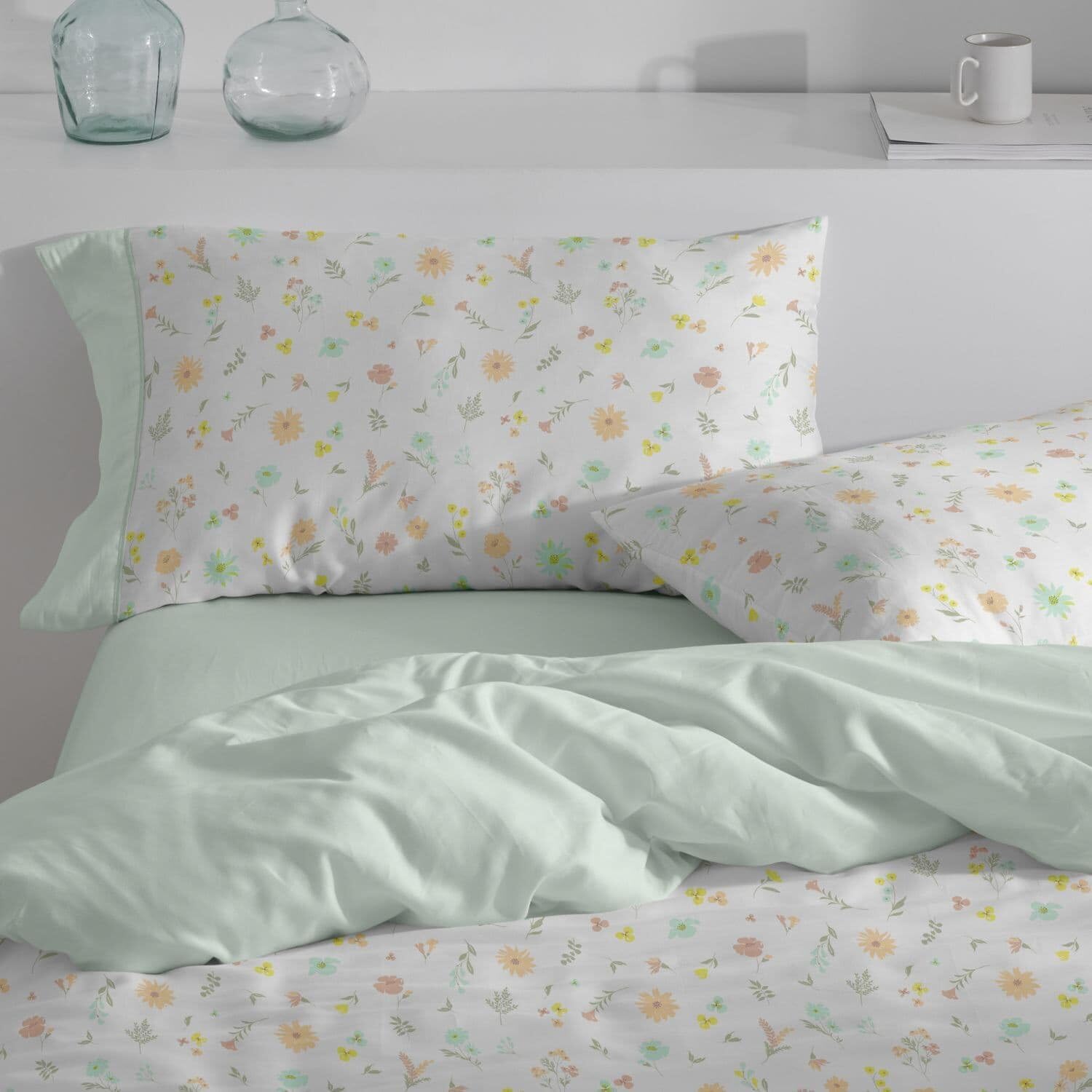 Burrito Blanco | Funda Nórdica Estampada Algodón Mezcla Cama 150-160 Menta | Incluye Bajera y 2 Fundas de Almohada | 50% Algodón 50% Poliéster | 144 Hilos | Tacto Suave | Larga Duración
