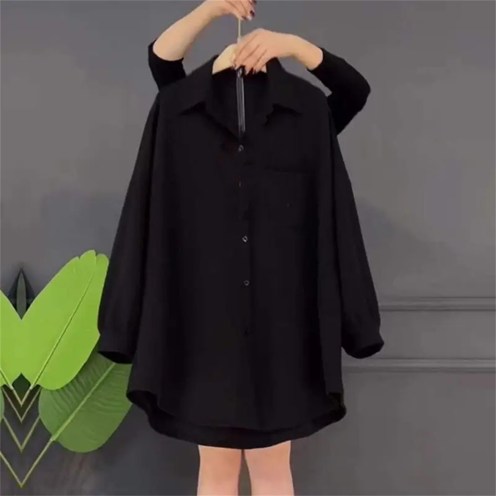 Blusa holgada de color sólido para mujer, con bolsillos, informal, con solapa de un solo botonadura