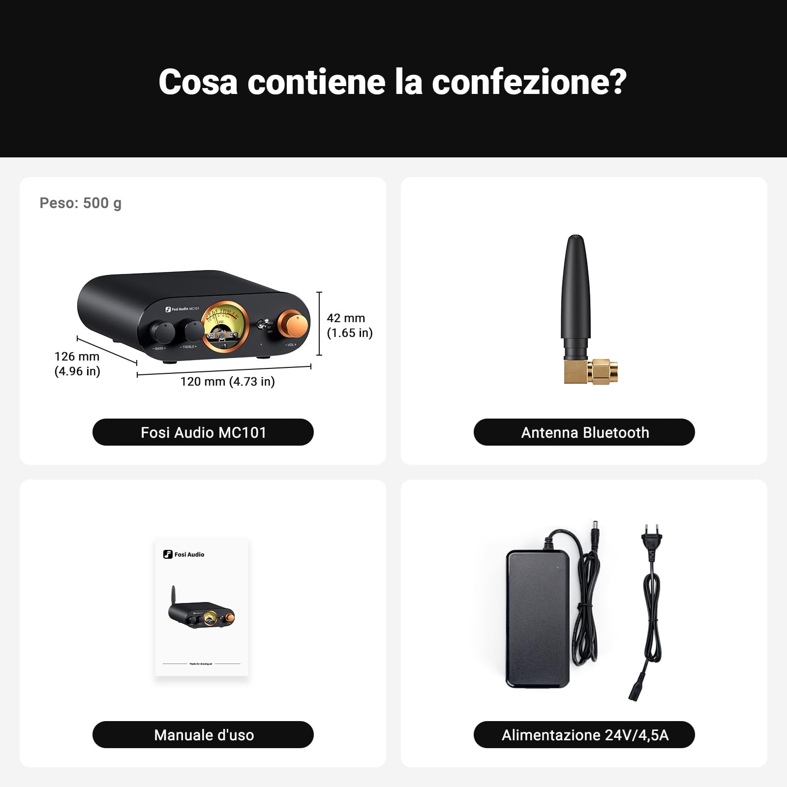 Fosi Audio MC101 Amplificatore Bluetooth 5.3, con VU Meter, Controllo dei Bassi e Acuti, 100Wx2 Mini Amplificatore Stereo HiFi a 2 Canali per Altoparlanti Passivi/Sistema HiFi Domestico/Home Theatre