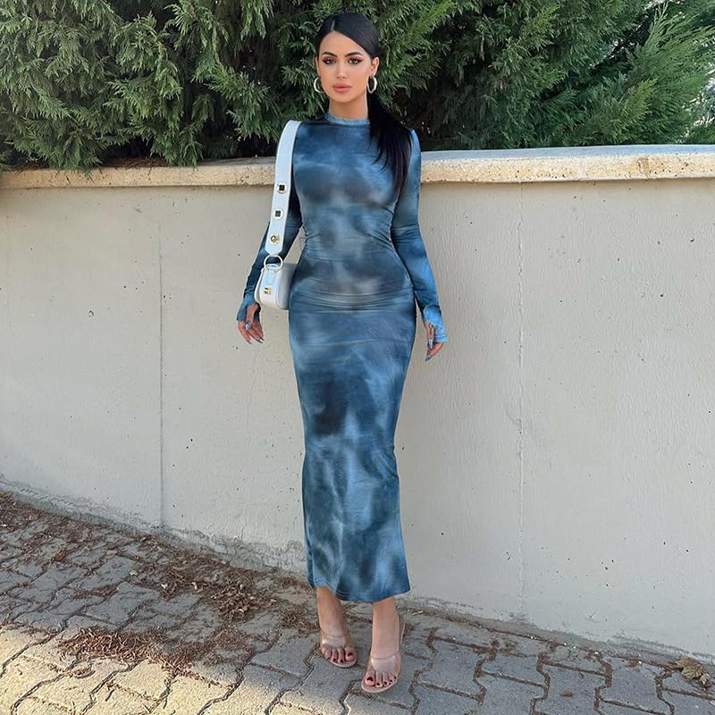 Women's Bodycon Maxi Dress Fall Spring Fashion Long Sleeve Floral Print Tight Fitted Party Club Ruched Dresses