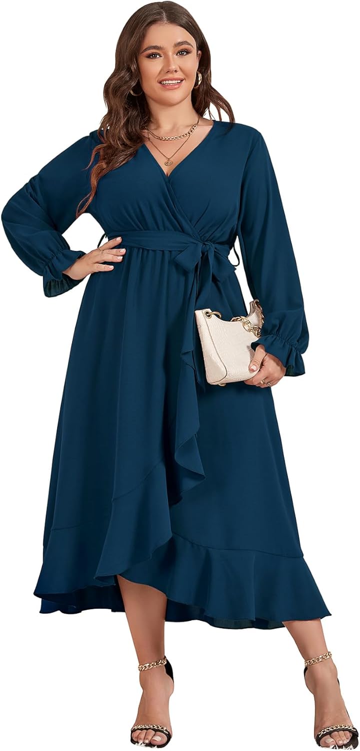 SCOMCHIC Women Plus Size Formal Dresses Fall Long Sleeve Faux Wrap V Neck High Low Ruffle Cocktail Wedding Guest Maxi Dress - Image 2