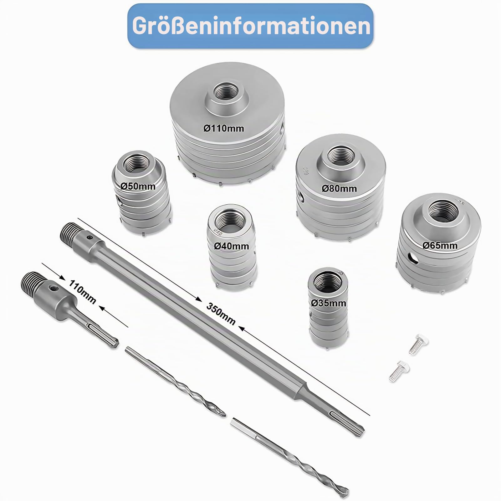 Greensen Bohrkronen-Set 6-teilig für Beton und Mauerwerk – SDS Plus Hohl-Bohrkrone, Dosenbohrer, Kernbohrer mit Zentrierbohrer – Ø 35/40/50/65/82/110 mm