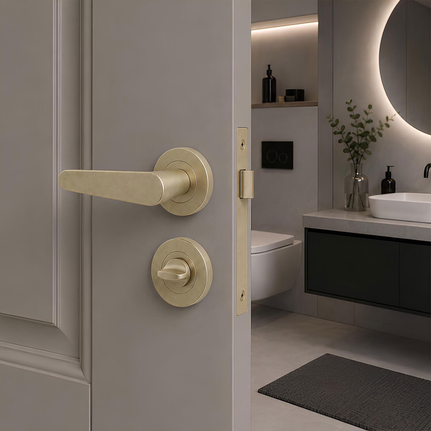 Özen KAYI Titanyum Renk WC Kapı Kolu Yuvarlak Rozetli Banyo Tuvalet Uyumlu Modern Kapı Kolu Takımı