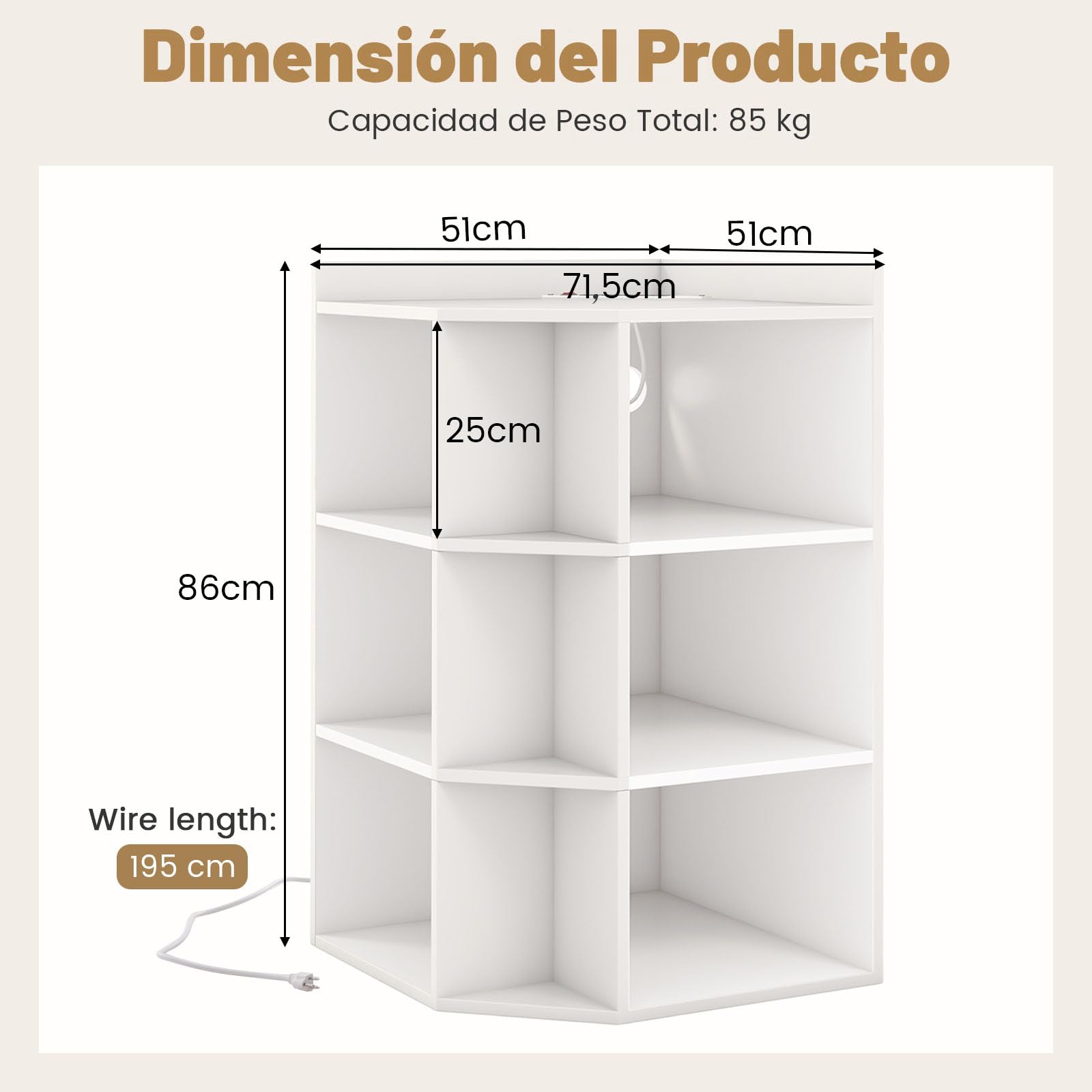 GIANTEX Librería Esquinero de 3 Niveles, Estantería de Almacenamiento con 9 Compartimentos Abiertos, 51 x 71,5 x 86 cm, con Puertos de Carga, Librería Triangular para Salón, Estudio (Blanco)