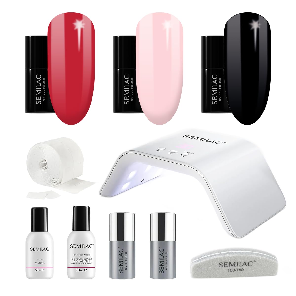 Semilac Try Me - Kit professionale per unghie in gel per principianti – 3 smalti gel per unghie UV, top coat e base, strumenti per manicure e altro ancora, colore: nero