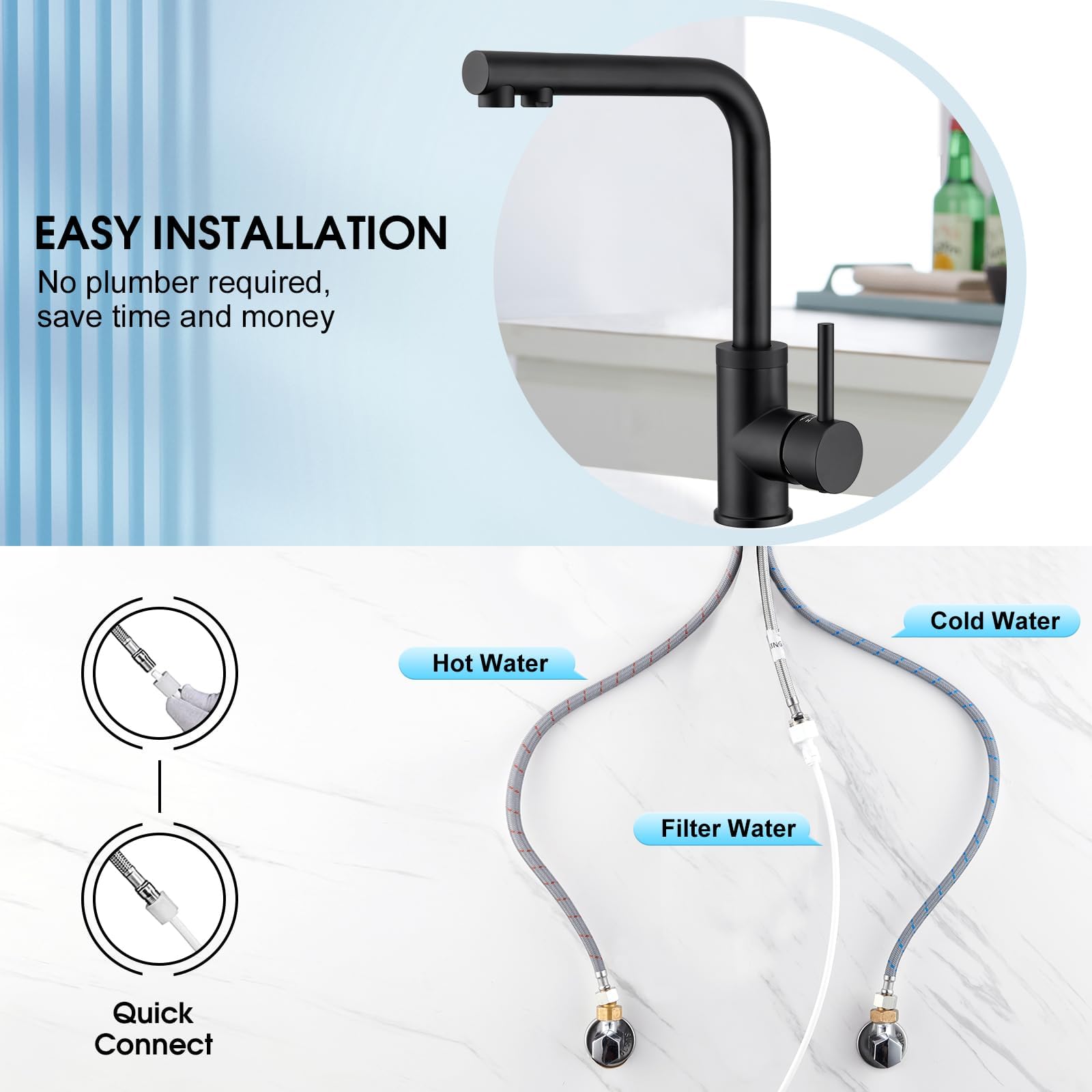 CREA 3 Way Kitchen Tap, 360 ° Swivel, Sink Mixer Tap with Water Filter Connector, Single Handle Triflow Kitchen Tap, Matte Black - Image 4