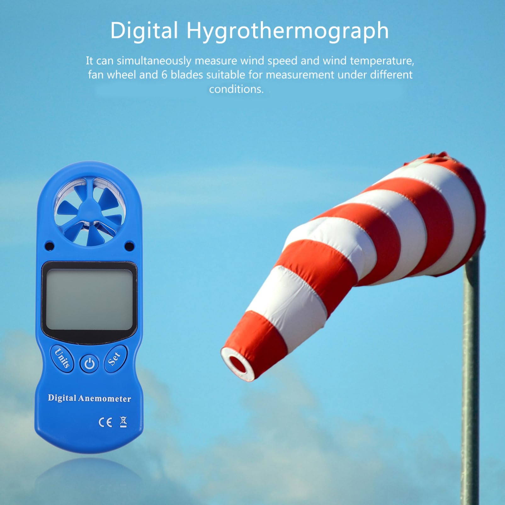 Termoigrometro Digitale Portatile Mini 1 Pezzo Plastica Blu | Misura Velocità Aria e Umidità, Schermo Lcd con Retroilluminazione, Borsa Inclusa