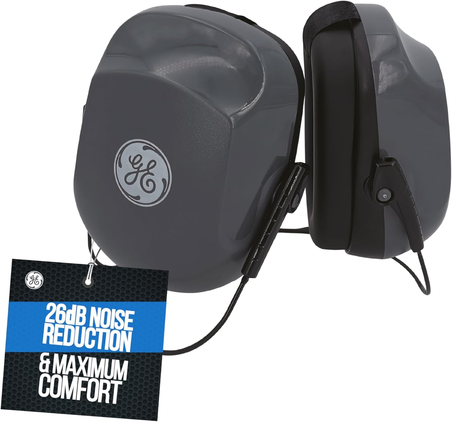 GE Behind-the-Neck Safety Earmuff for Noise Reduction, NRR 26dB Hearing Protection, Adjustable & Sound Proof Earmuffs for Shooting, Work, Industrial & Construction Noise Protection. ANSI S3.19-1974