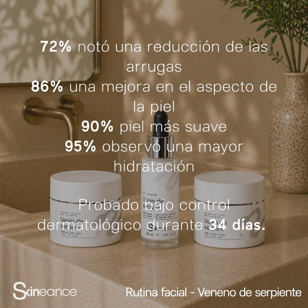 SKINEANCE - TRIO Syn-ake ULTRA - Activos anti-edad avanzados - Crema de día 50 ml - Crema de noche 50 ml - Serum facial 30 ml - Reduce arrugas de expresión, líneas finas, bolsas y ojeras