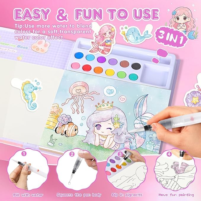 Image of MASTANO Watercolor Painting and Doodle Set for Kids - DIY Graffiti Coloring Note-Book Magic Books with Pigments and Paper, Suitable for Kindergarten and Kids Art Projects with Color (Little Mermaid)