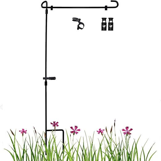 Garden Flag Stand, Premium Garden Flag Pole Holder Yard Flag Holder Metal Powder-Coated Weather-Proof Paint with one Tiger Clip and two Spring Stoppers
