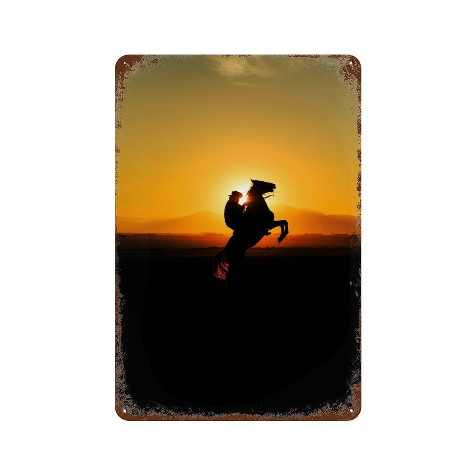 Silhouette of Horse And Rider 11.8"x7.9" Rust Effect Tin Sign, Vintage Wall Decor for Farmhouse, Kitchen And Entryway Decor