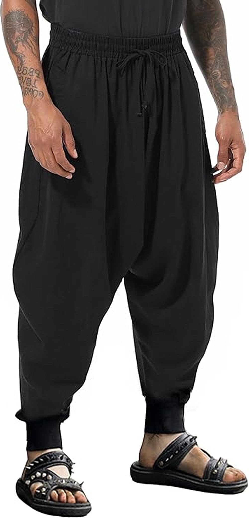 PACEIADTA Mens Casual Harem Pants Baggy Aladdin Hippie Elastic Waist Drop Crotch Trousers