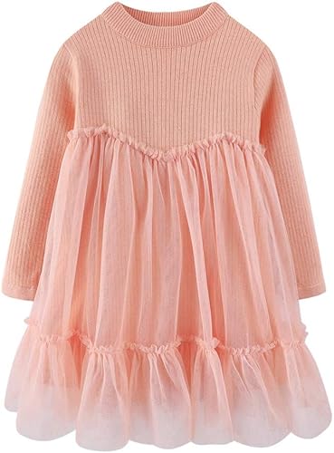 Mud Kingdom Baby Girls Rib Knit Sweater Princess Dress with Tulle Plain Pink 18-
