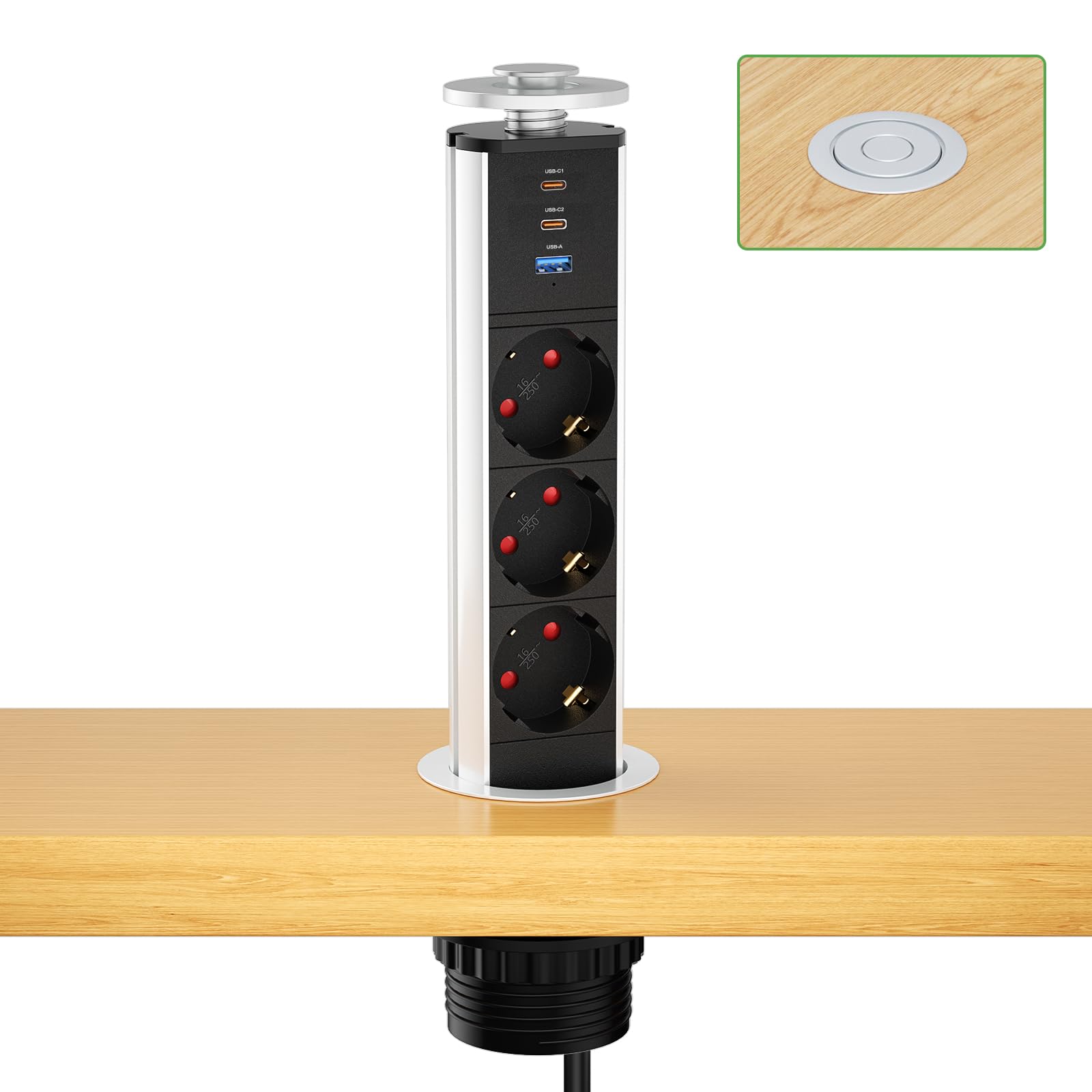 Presa Scomparsa 3 Prese 2 USB e USB C, Multipresa Elettrica Scomparsa Presa per Piano di Lavoro Incassato per Cucina, Ufficio, Cavo 1,8m, Diametro 60mm